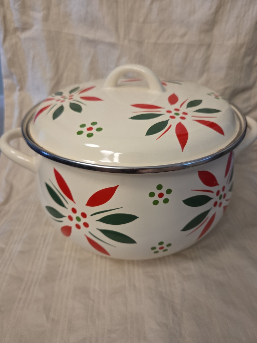 Temp-Tations By Tara White Enamel Stockpot Red Green Floral Pattern 8 Qt W Lid